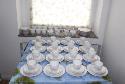 Фарфоровый чайный сервиз с магнолиями и розовой каймой